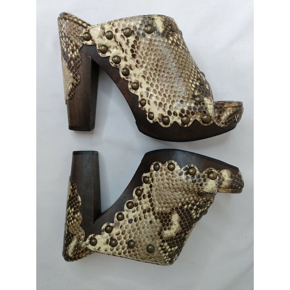 Stuart Weitzman Women Snake Print Slide Mule Heel Wood Metal Studs Spain Sz 6.5 - Picture 5 of 10